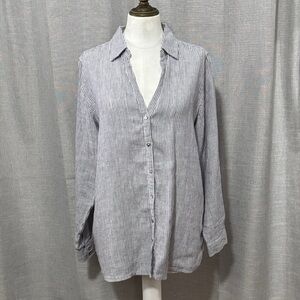100% Linen Tahari Button Up Shirt-Sz M-Blue/White Striped-Roll Up Sleeve-EUC